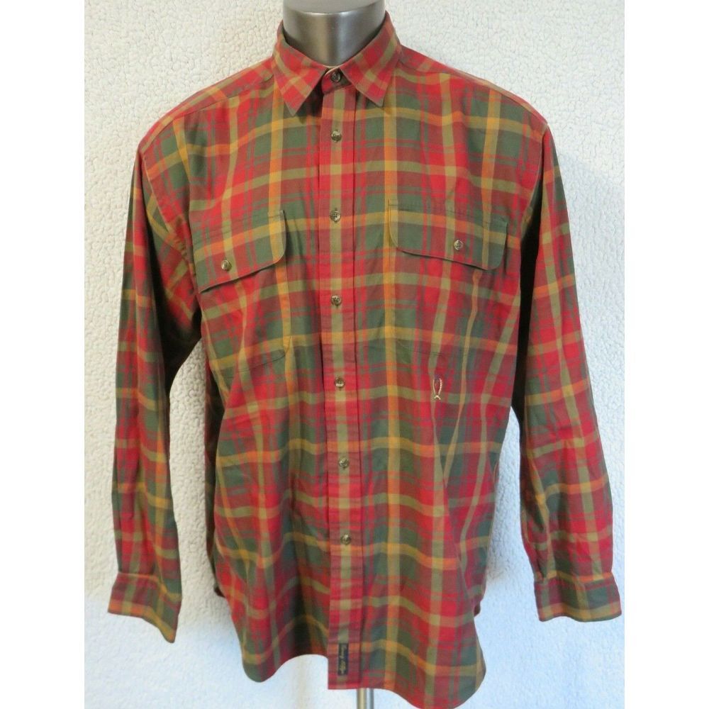 Mens Tommy Hilfiger Dress Shirt Red Green Gold Plaid Size L Cotton Button‎ Front
